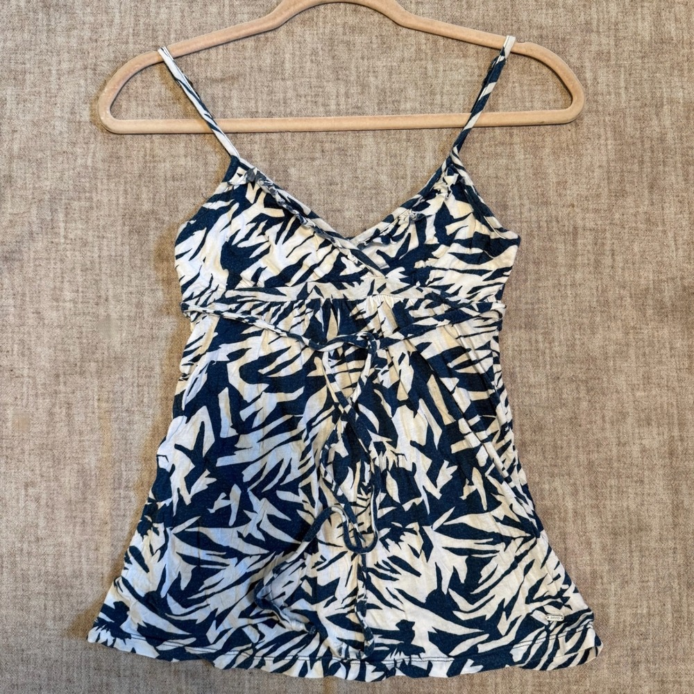 Aeropostale Cami Tank Top XS Blue White Abstract Leaf Print Empire Tie Front
